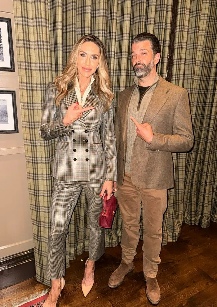 "Lara Trump and Donald Trump Jr. wearing matching plaid suits in Ireland"