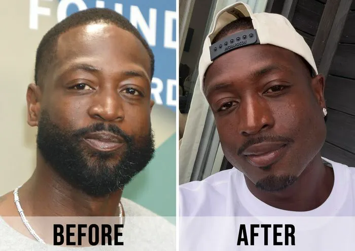 "Dwyane Wade before and after shaving his beard"
