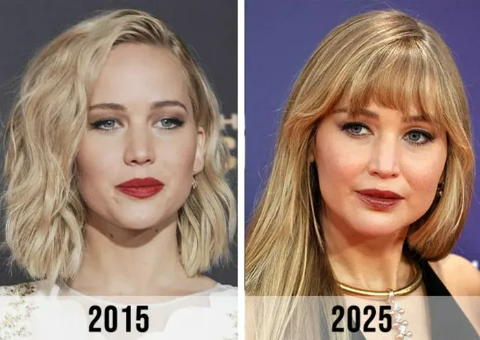 "Comparison of Jennifer Lawrence in 2015 and 2025"