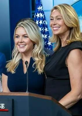 "Karoline Leavitt in a navy dress for her last day as Press Secretary"