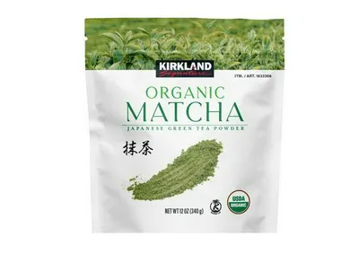 Kirkland Signature organic matcha green tea powder for healthy drinks.
