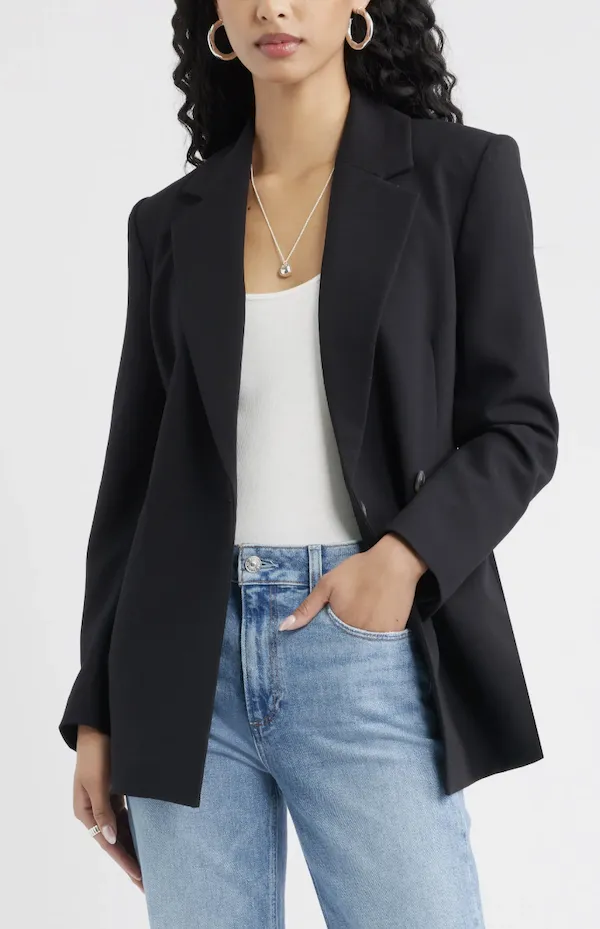 Double-breasted blazer for trendy, sophisticated outfits.