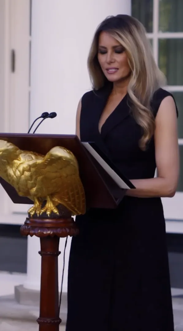"Melania Trump speaking at the White House Rose Garden"