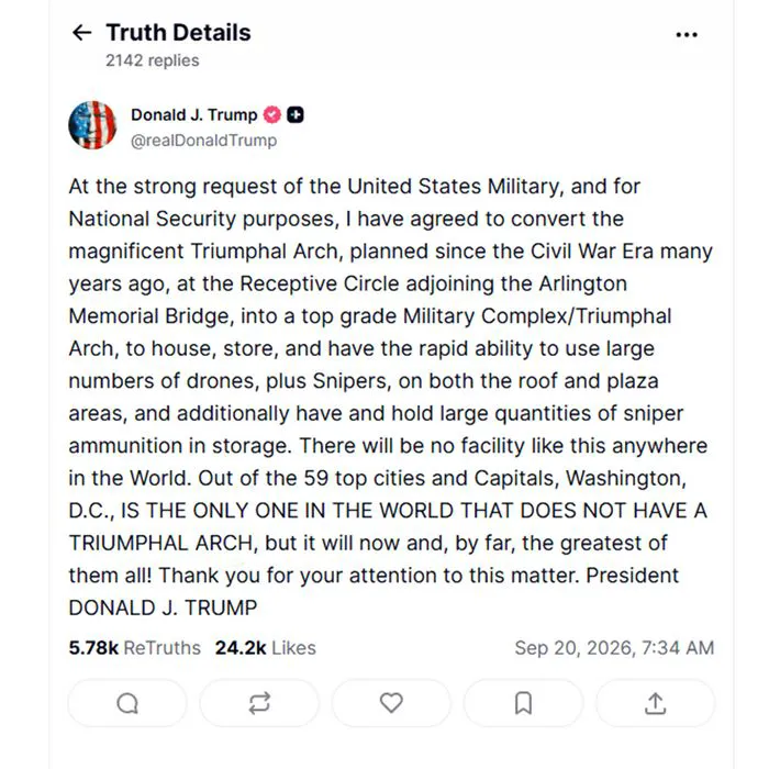 Donald Trump Truth Social post about arch