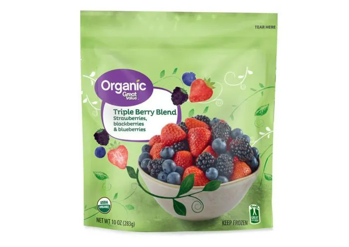 "Recalled Great Value Organic Triple Berry Blend packaging"