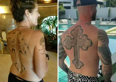 "Rita Wilson showing off her large back tattoo"