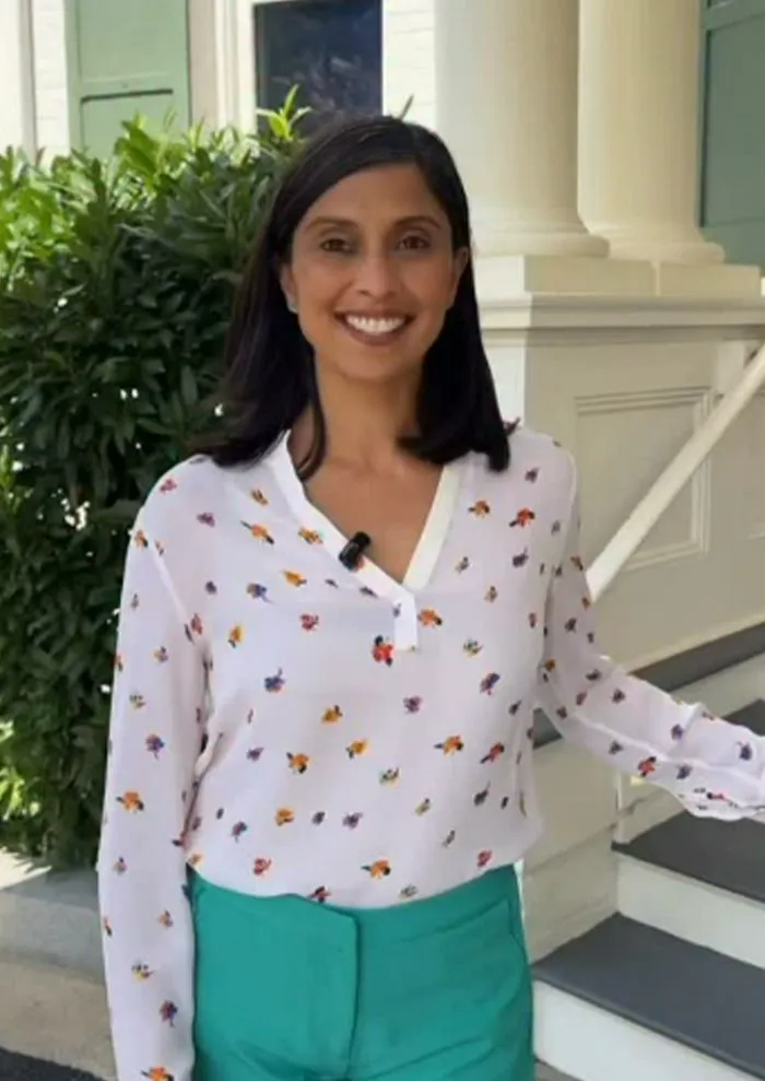 Usha Vance floral shirt teal pants Instagram