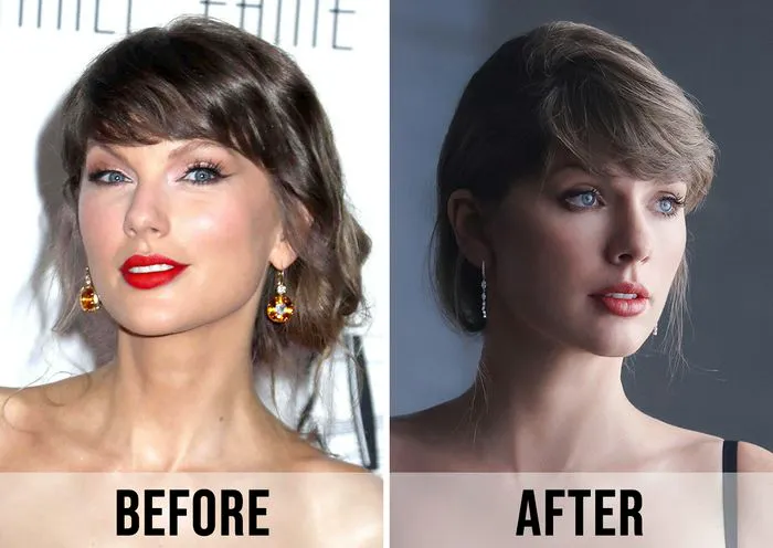 Taylor Swift before and after her makeup transformation