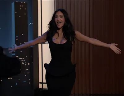 "Screenshot of Kim Kardashian's peplum dress on Jimmy Kimmel Live!"