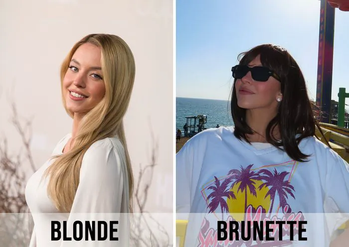 Sydney Sweeney comparing her blonde and brunette looks