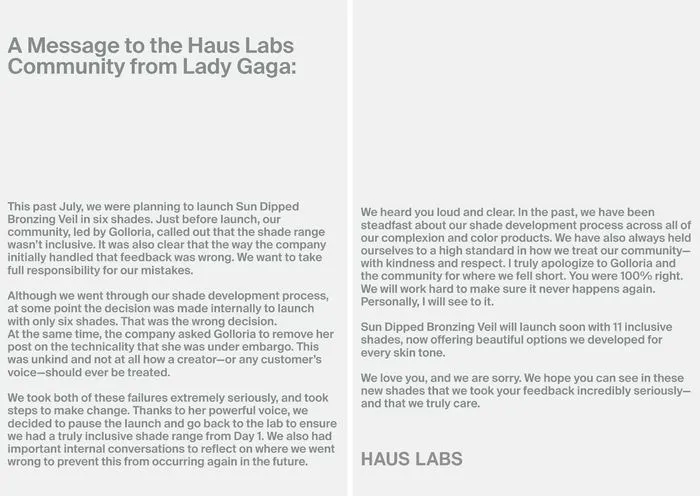 Lady Gaga Golloria Haus Labs apology