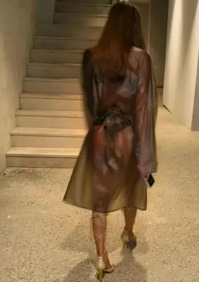 "Bianca Censori layered in a sheer raincoat over lingerie"
