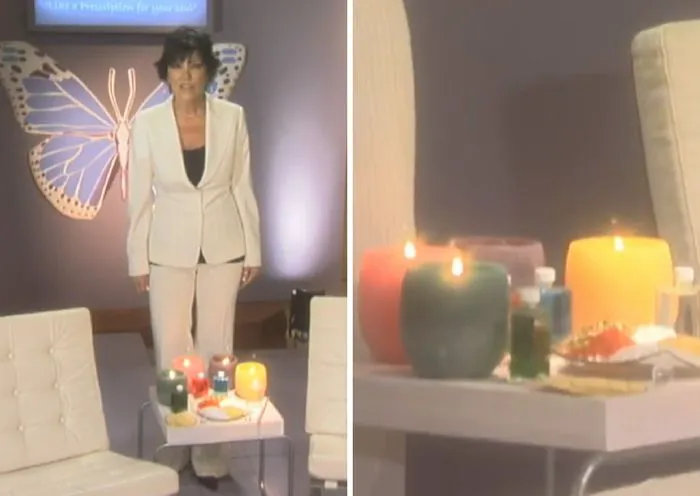 "Screenshot from Kris Jenner's infomercial promoting Wicks of Wisdom candles"