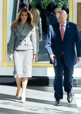 "Melania Trump in a gray skirt suit at White House event"