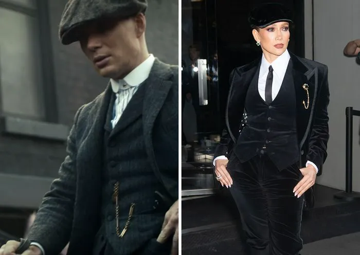 "Comparison of Tommy Shelby and Jennifer Lopez's velvet suit"